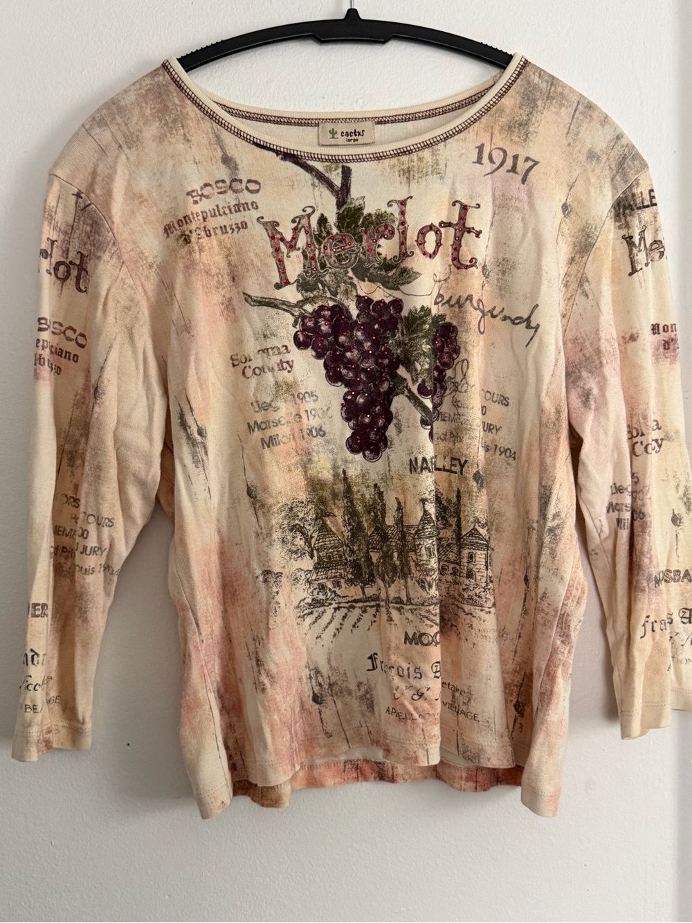 Cactus Merlot Wine Graphic Rhinestone Top Pink & Beige Large